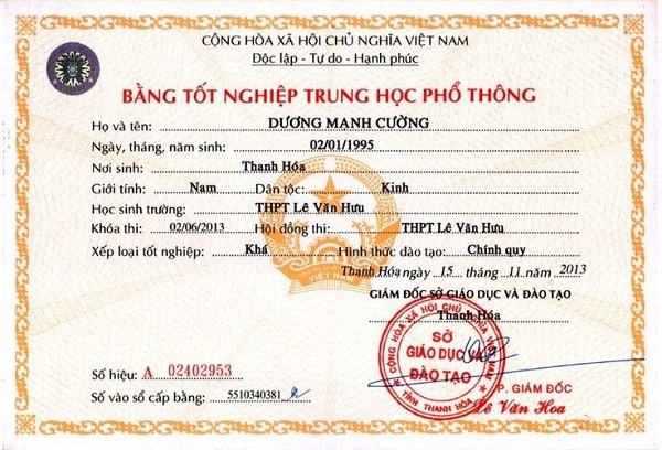 Mẫu bằng cấp 3 Lê Văn Hưu - Mặt trước